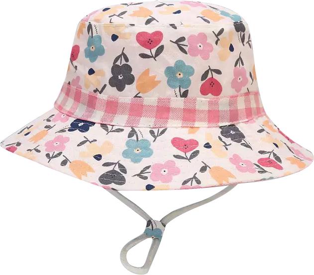 Kids’ Ivory Bucket Hat with Pink Flowers & Trim