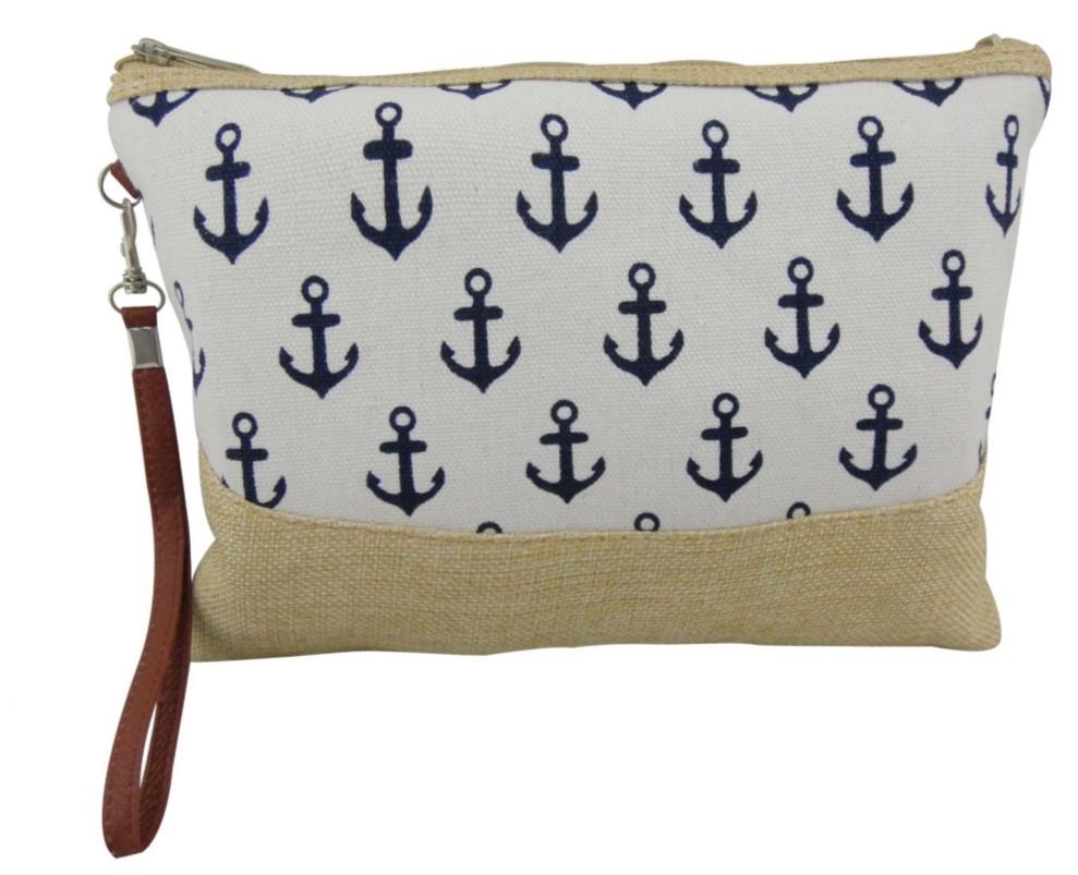 Canvas Zippered Pouch with Blue Anchors