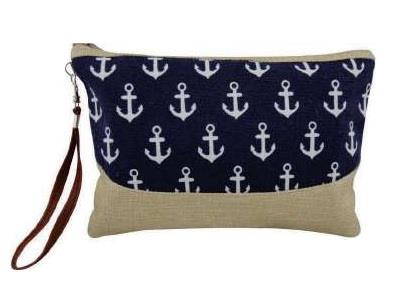 Navy Canvas Zippered Pouch with White Anchors