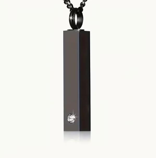 Stainless Steel Black-Finish Rectangle Urn Necklace with Crystal Accent