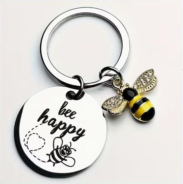 “Bee Happy” Circle Keytag with Gold Bee Charm