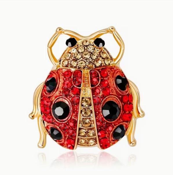 Gold Ladybug Brooch with Red, Black & Clear Rhinestones