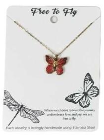 Pink Enamel Butterfly Necklace – Gold Tone Stainless Steel