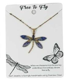 Blue Enamel Dragonfly Necklace – Gold Tone Stainless Steel