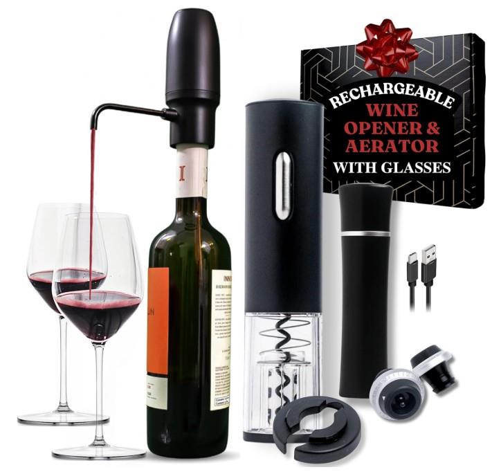 Rechargeable Electric Wine Opener Gift Set with Aerator Glasses and Vacuum Sealer