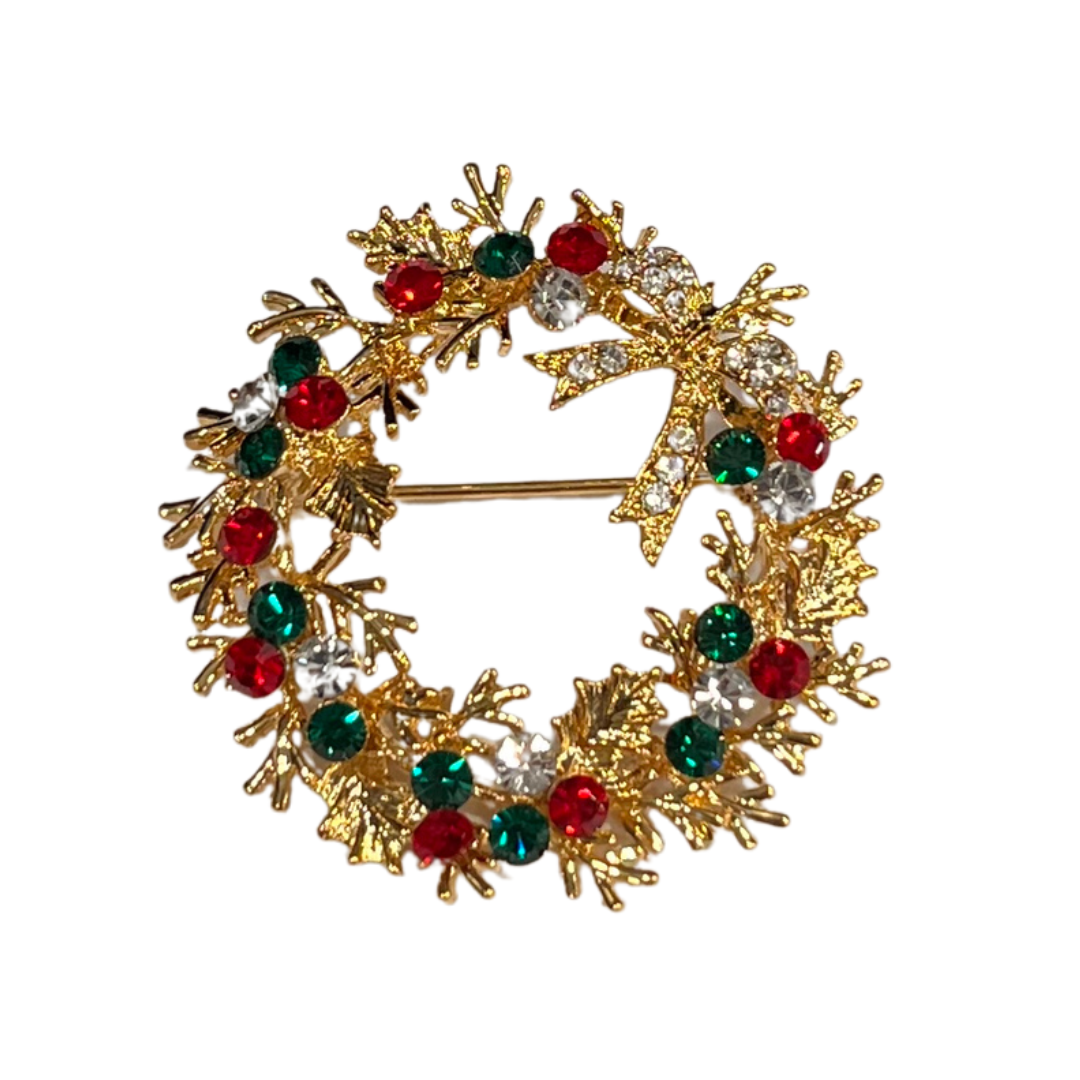 Gold-Tone Wreath Brooch with Red, Green & Clear Rhinestones
