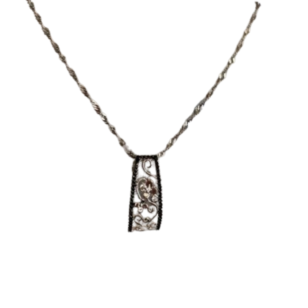 Floral Filigree Necklace with Black Crystals