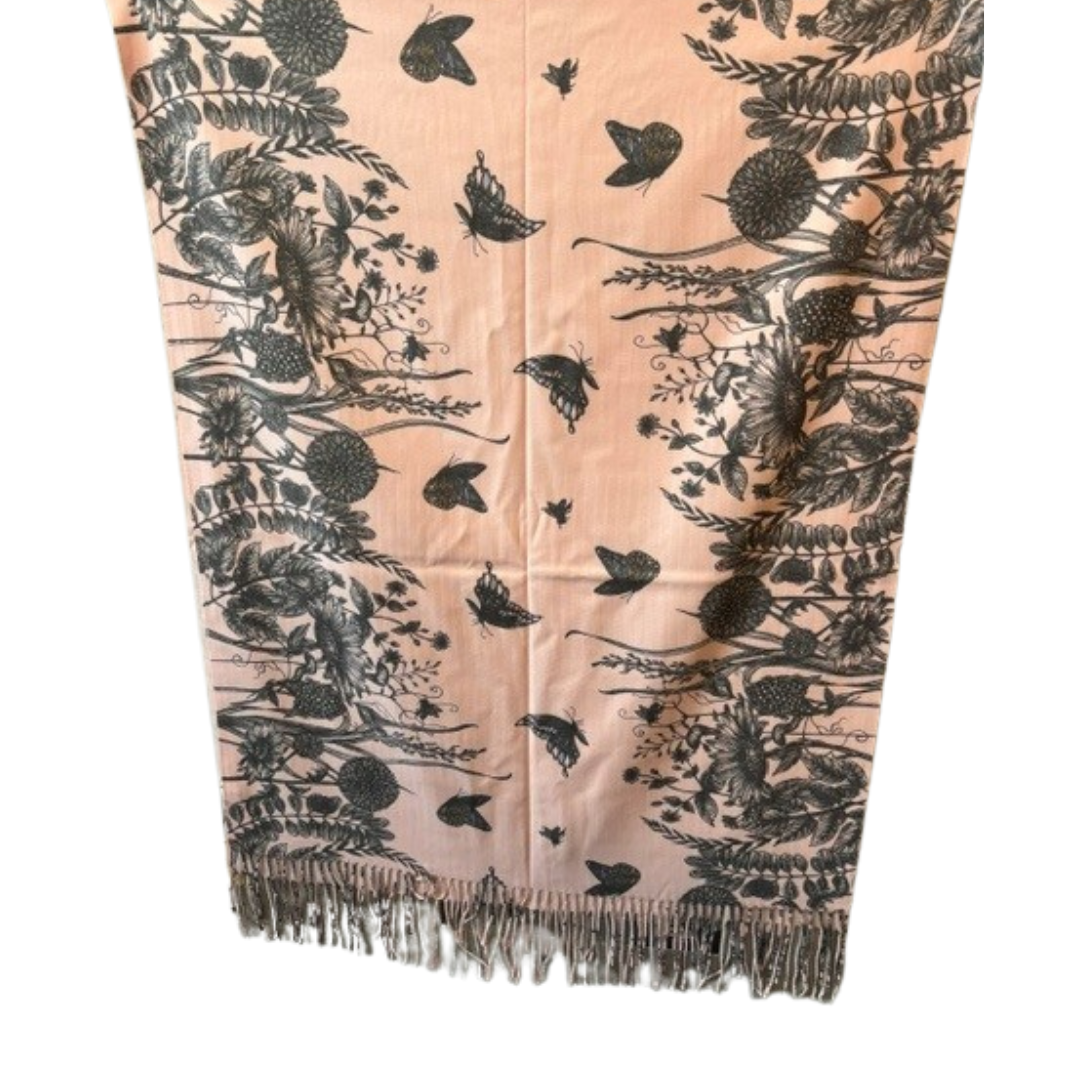 Pale Pink & Grey Floral Scarf with Fringe Trim – 27" x 84"
