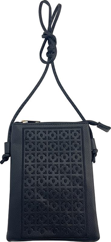 Black Vegan Leather Crossbody Purse with Embroidered Desig