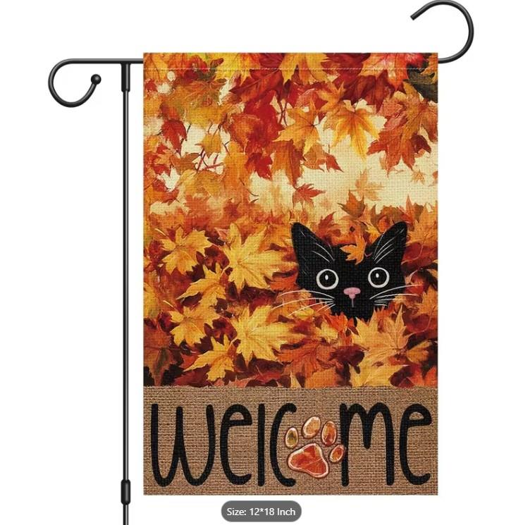 Black Cat Fall Garden Flag – “Welcome” – Double-Sided Burlap Texture