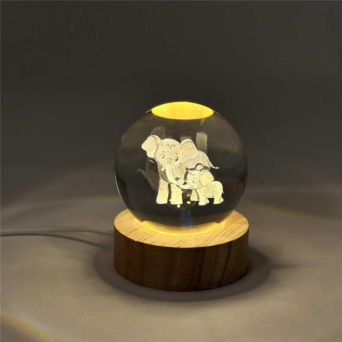 3D Mama & Baby Elephant Crystal Ball with Wood Base