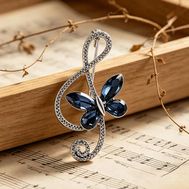 Treble Clef Brooch with Deep Blue Butterfly