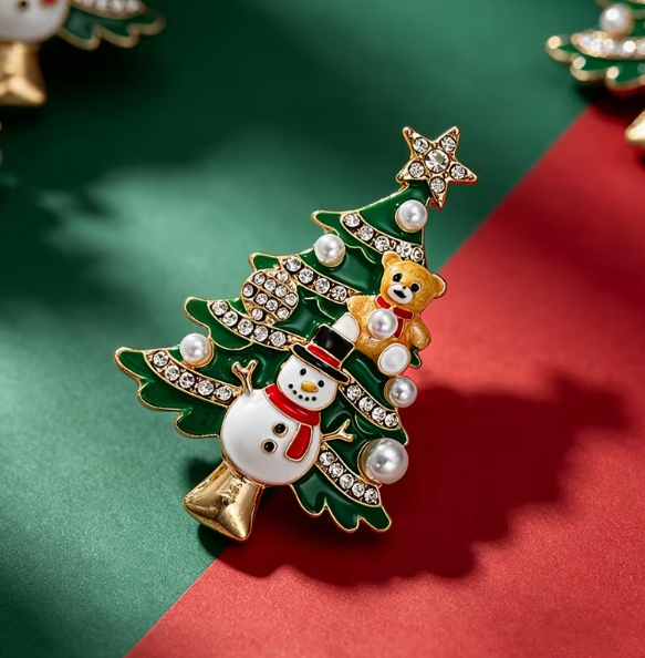 Tree Brooch with Snowman & Teddy Bear