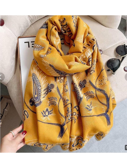 Mustard & Navy Paisley Print Blanket Scarf