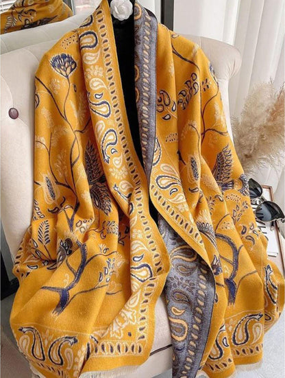 Mustard & Navy Paisley Print Blanket Scarf