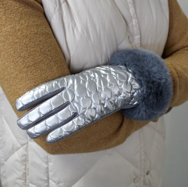 Silver Puffer Gloves with Fur Trim