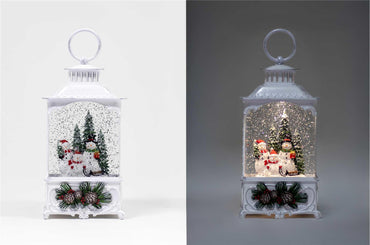 Antiqued White LED Glitter Lantern – Snowman Family