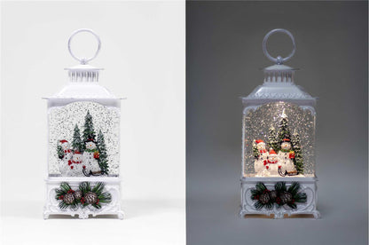 Antiqued White LED Glitter Lantern – Snowman Family