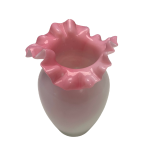 Vintage Victorian Pink Ruffled Art Glass Vase, Cased White Exterior - 5.25"x3"