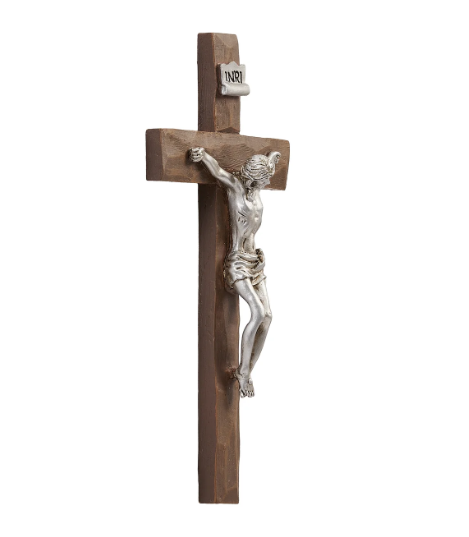 Silver-Toned Corpus Wall Crucifix – Textured Wood-Style Cross