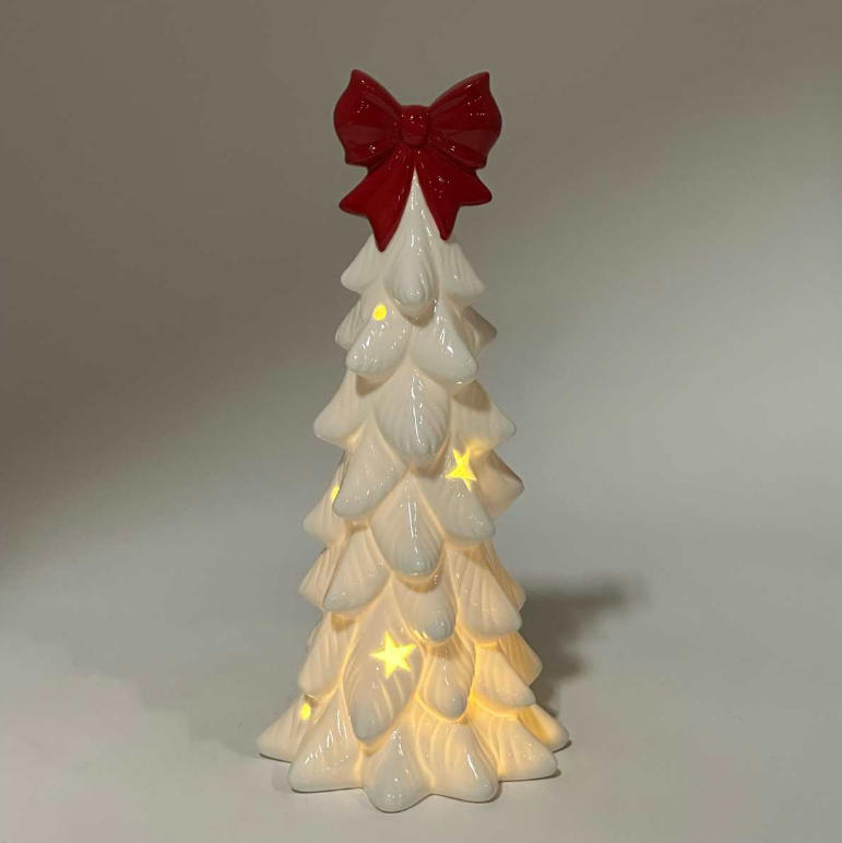 Porcelain White LED Tree with Red Bow