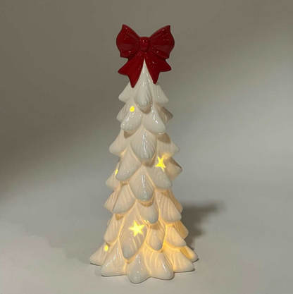 Porcelain White LED Tree with Red Bow