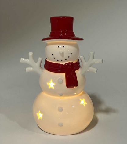 Porcelain White LED Snowman with Red Cap & Scarf