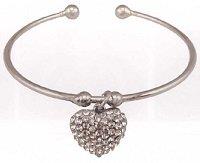 Silver Cuff Bracelet with Rhinestone Heart Charm