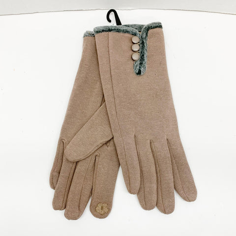 Taupe with Buttons and Fur Trim Gloves