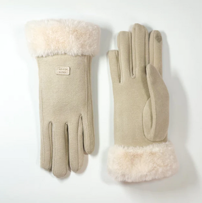 Cream Gloves with Fur Trim