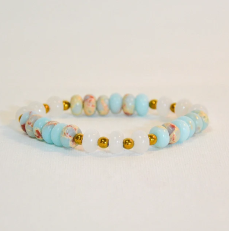 Stretch Bracelet | Rondelle Amazonite w/ White Jade Stones