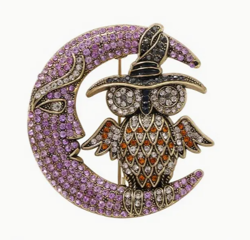 Owl on Crescent Moon Brooch