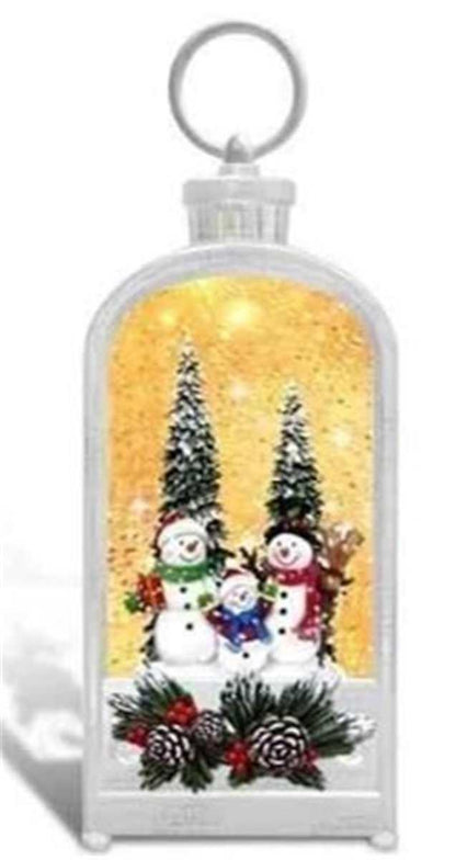 Antiqued White LED Glitter Lantern – Snowman Family