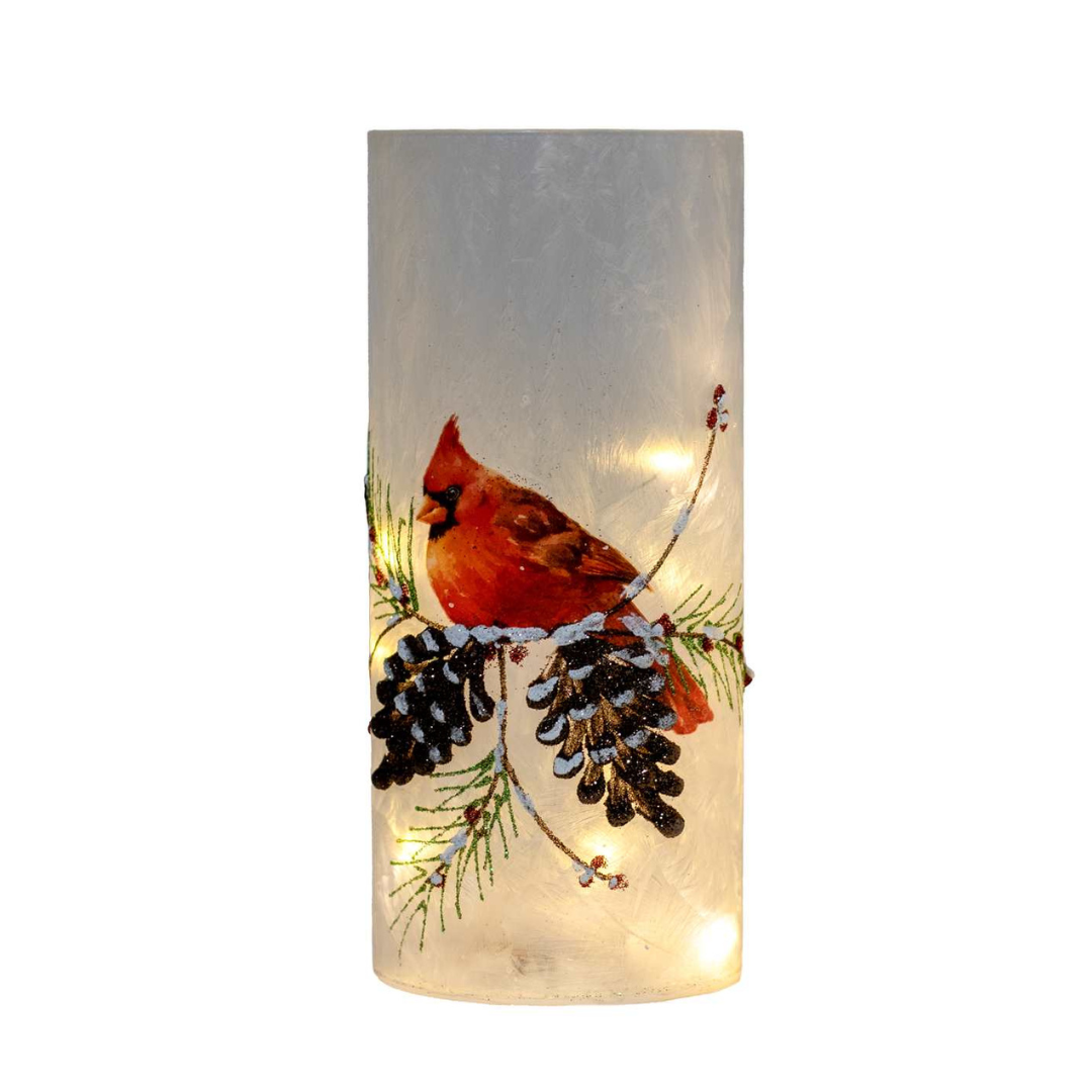 LED Glass Column with Cardinal and Pinecones