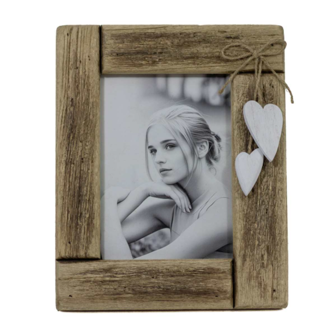 Driftwood Photo Frame with Hanging White Hearts – 5" x 7"