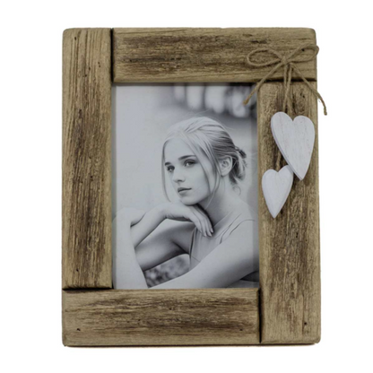 Driftwood Photo Frame with Hanging White Hearts – 5" x 7"