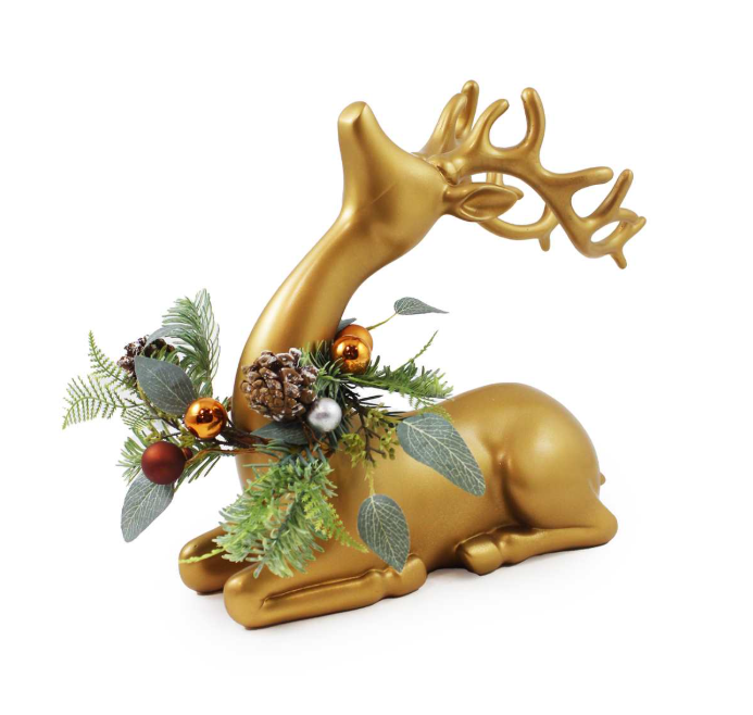 Gold Lying Deer with Faux Greenery and Ornaments
