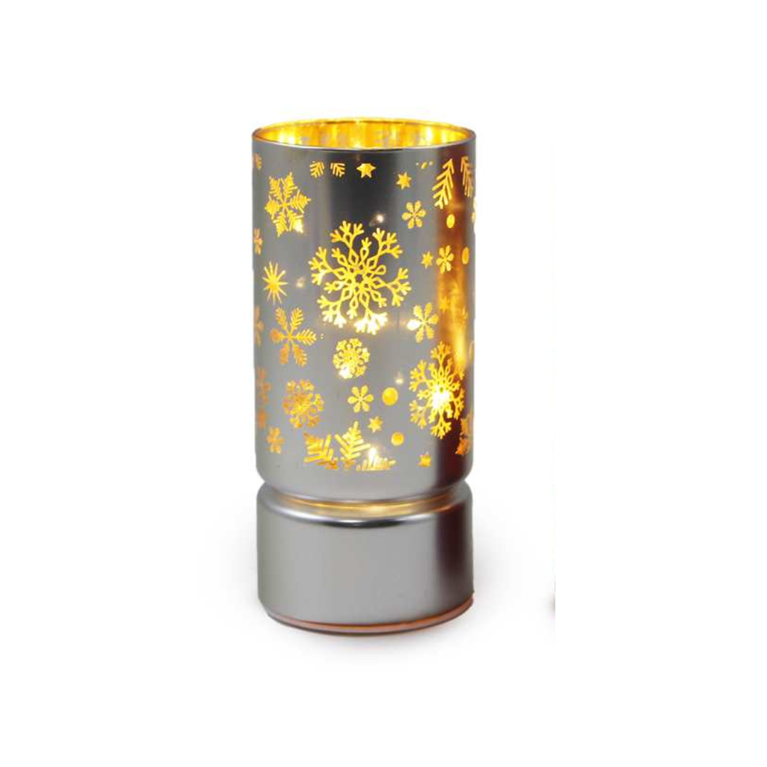 Glass Hurricane with LED Light String – Silver Snowflakes