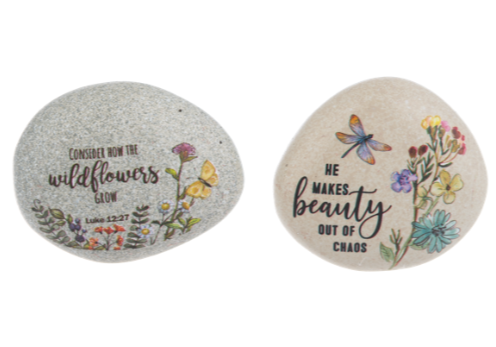 Small Decorative Stones with Painted Flowers & Words of Faith