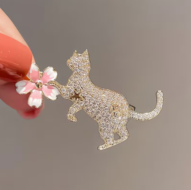 Gold Tone Rhinestone Kitten Brooch with Cherry Blossom