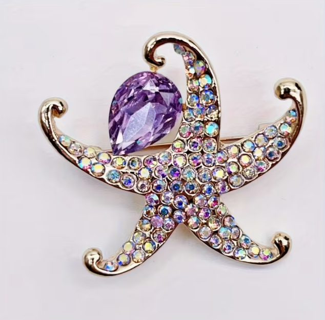 Gold Tone Starfish Brooch with Rhinestones