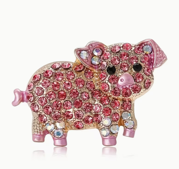 Gold Tone Pig Brooch with Pink Rhinestones