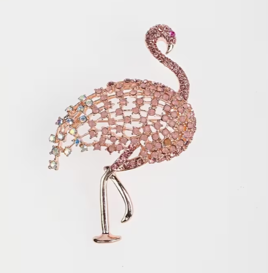 Gold Tone Flamingo Brooch with Pink Rhinestones