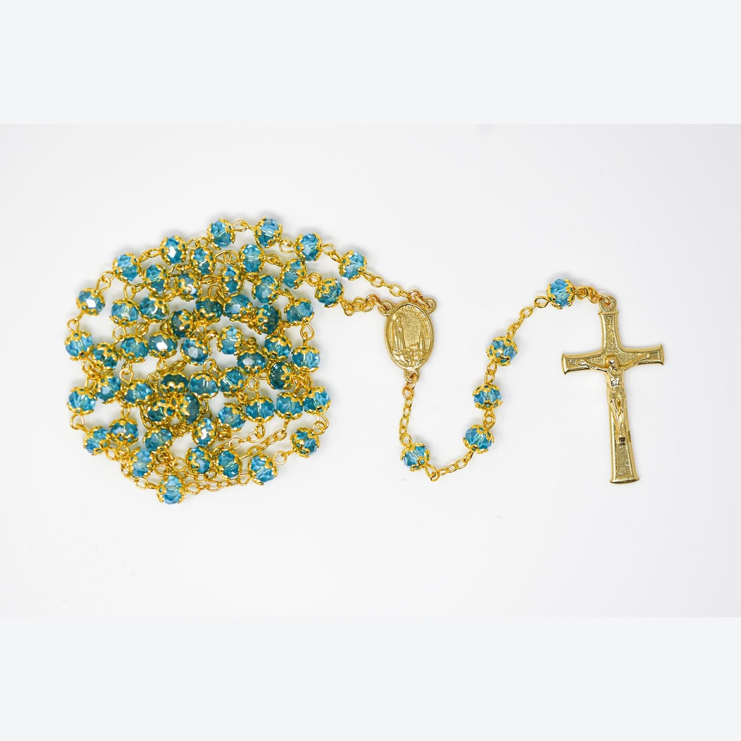 Aqua Glass Rosary – Gold Crucifix