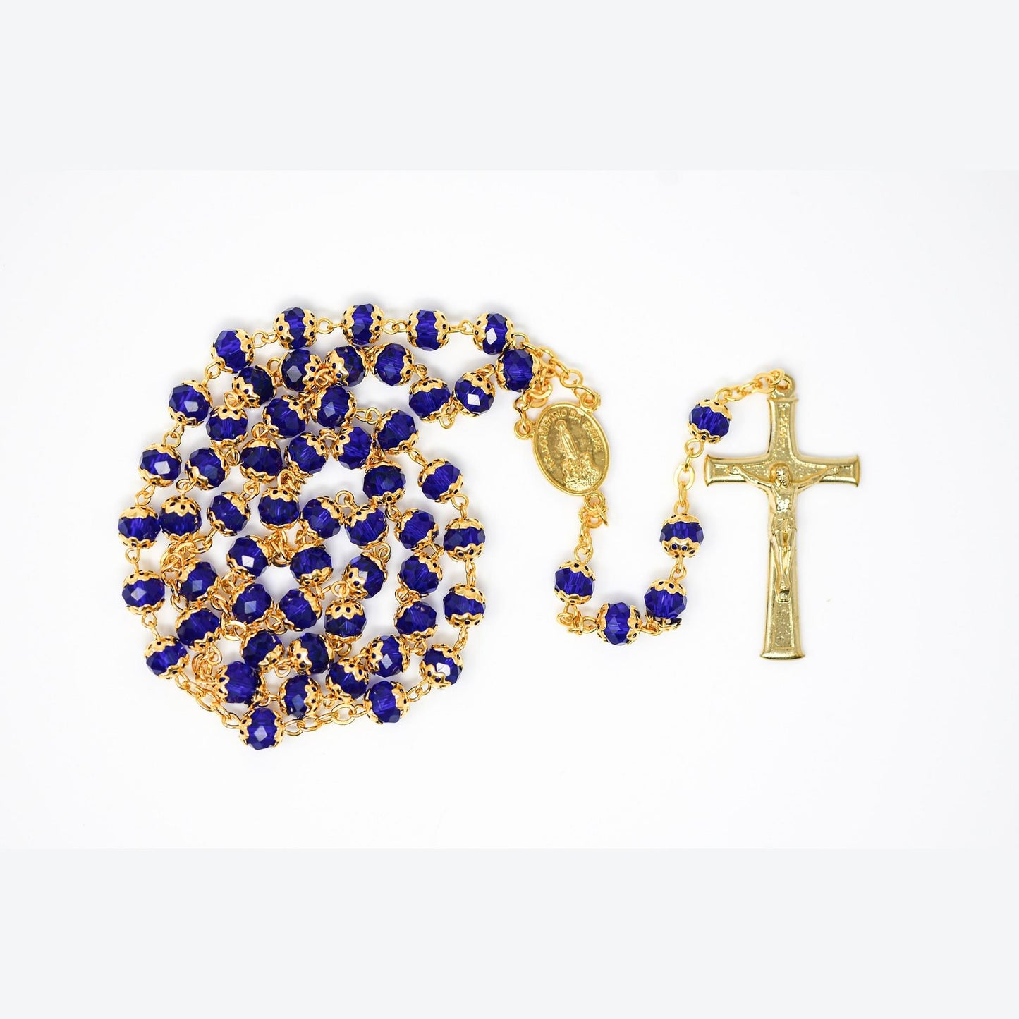 Blue Glass Rosary – Gold Crucifix