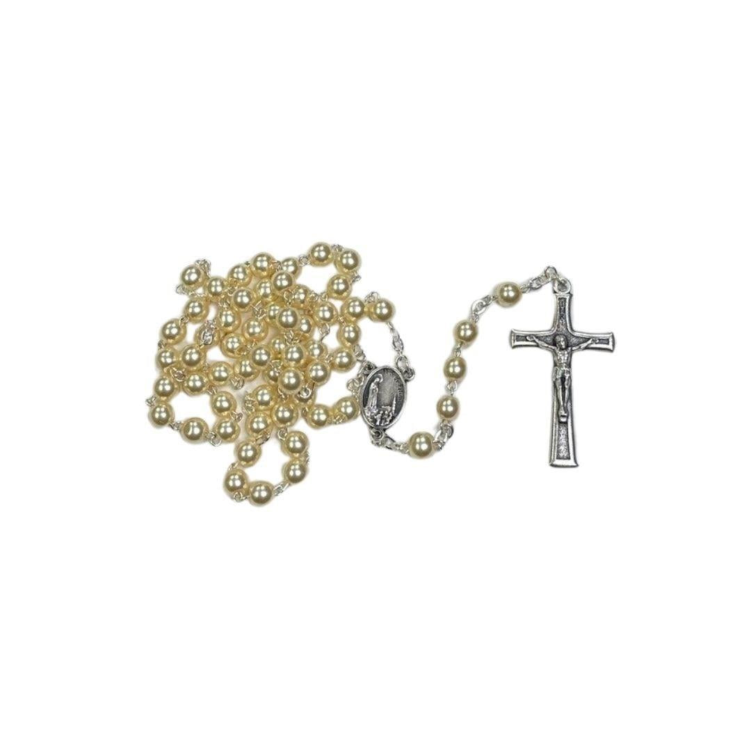 Cream Pearl Rosary – Silver Crucifix