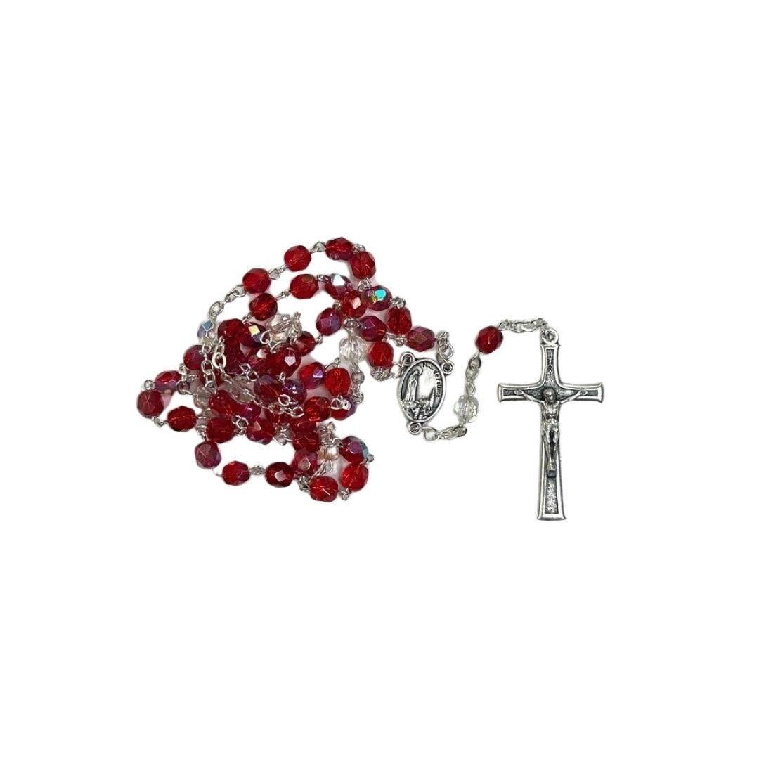 Red Crystal Rosary with Clear Accents – Silver Crucifix