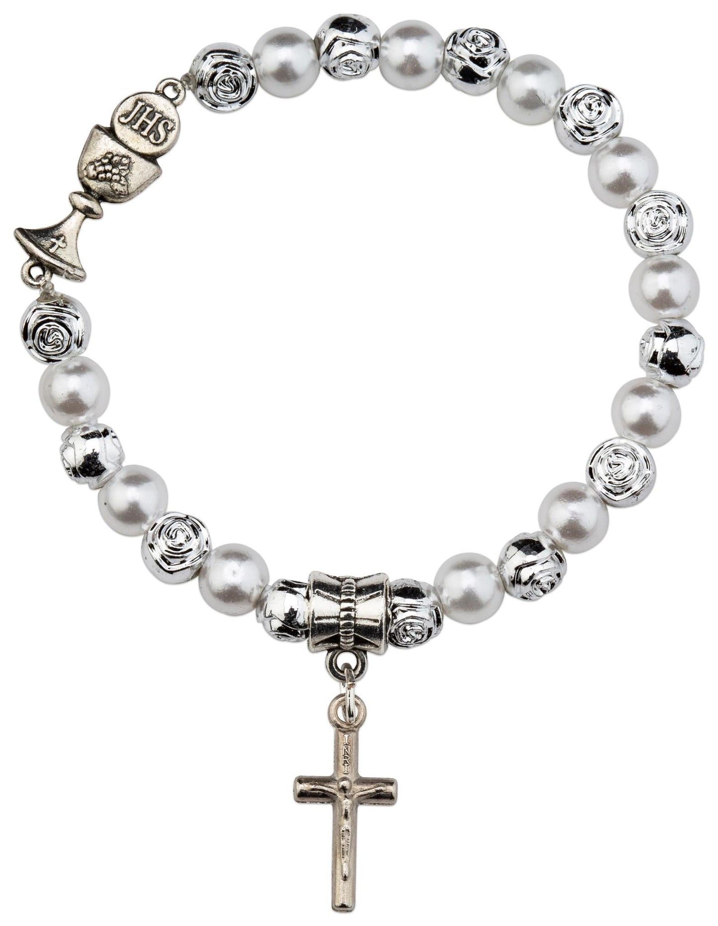 Communion Stretch Bracelet – White Glass Pearls with Rosebud Beads & Charms