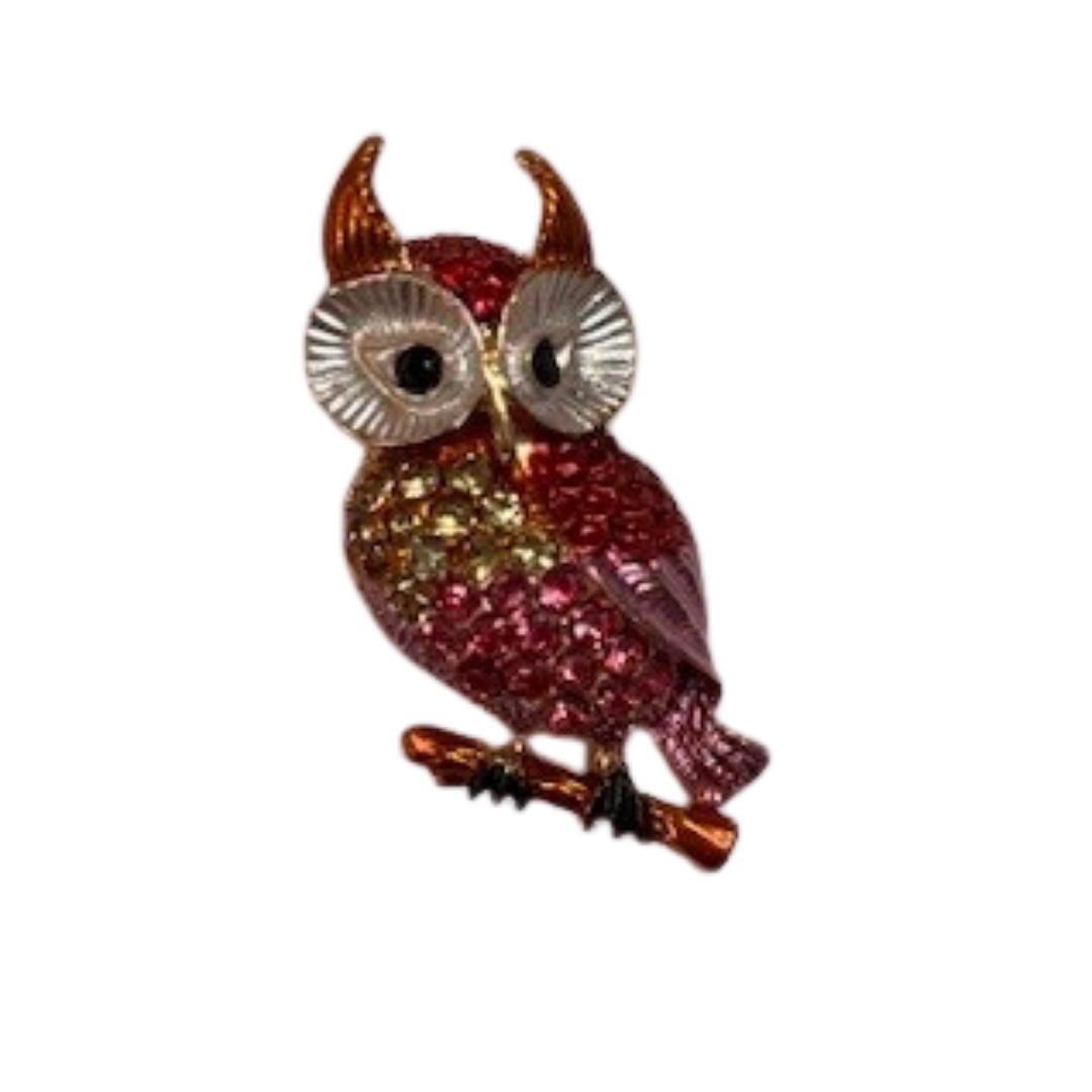 Gold Tone Owl Brooch with Pink Accents & Rhinestones