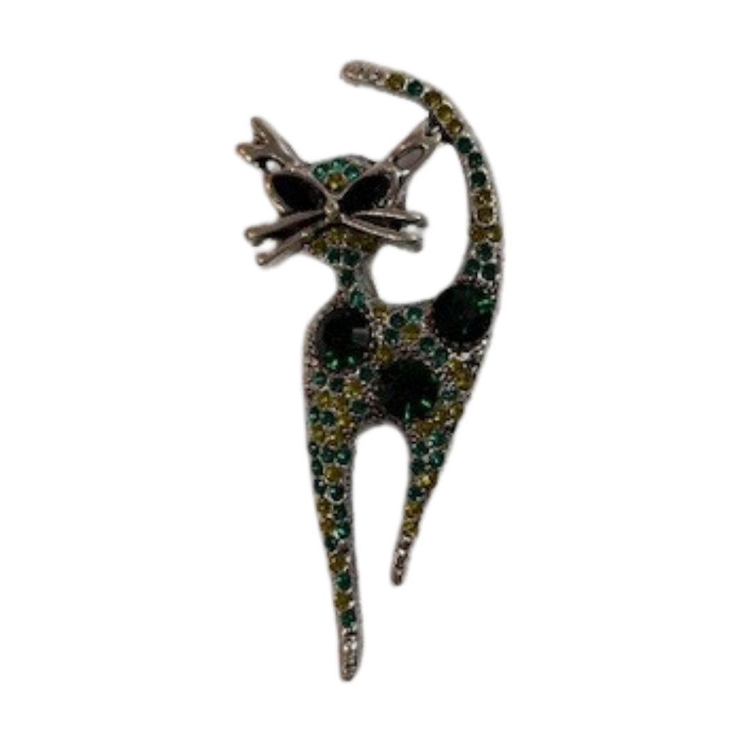 Retro Silver Tone Kitty Brooch with Green Rhinestones